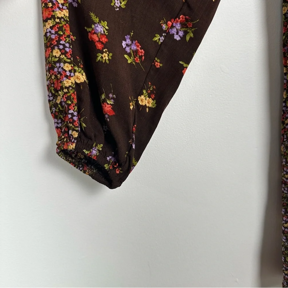 SO‎ Dress Size Medium Brown Ditzy Floral Patchwork Boho Prairie Hippie Smocked
